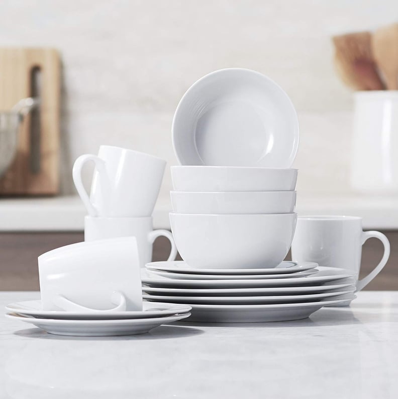 A Starter Set: AmazonBasics 16-Piece Kitchen Dinnerware Set