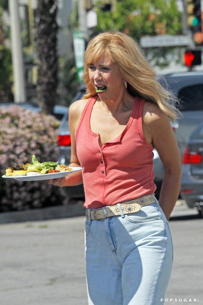 Kristen Wiig got animated with her food on the set of Masterminds in San Fernando, CA, on Friday.