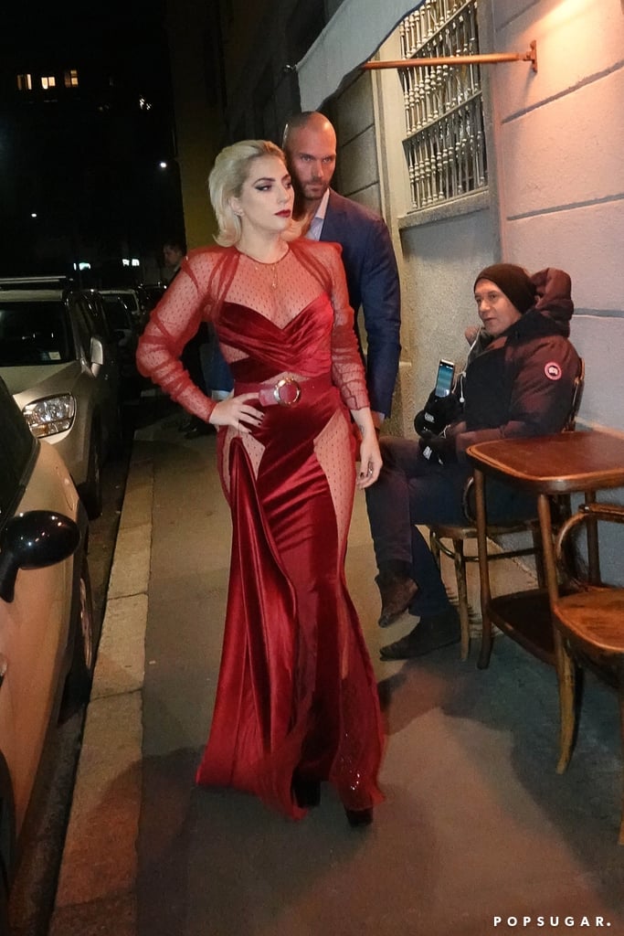 In January, Gaga went out for dinner at Da Giacomo in Milan wearing this red velvet sheer-paneled gown, which she cinched at the waist with a belt.