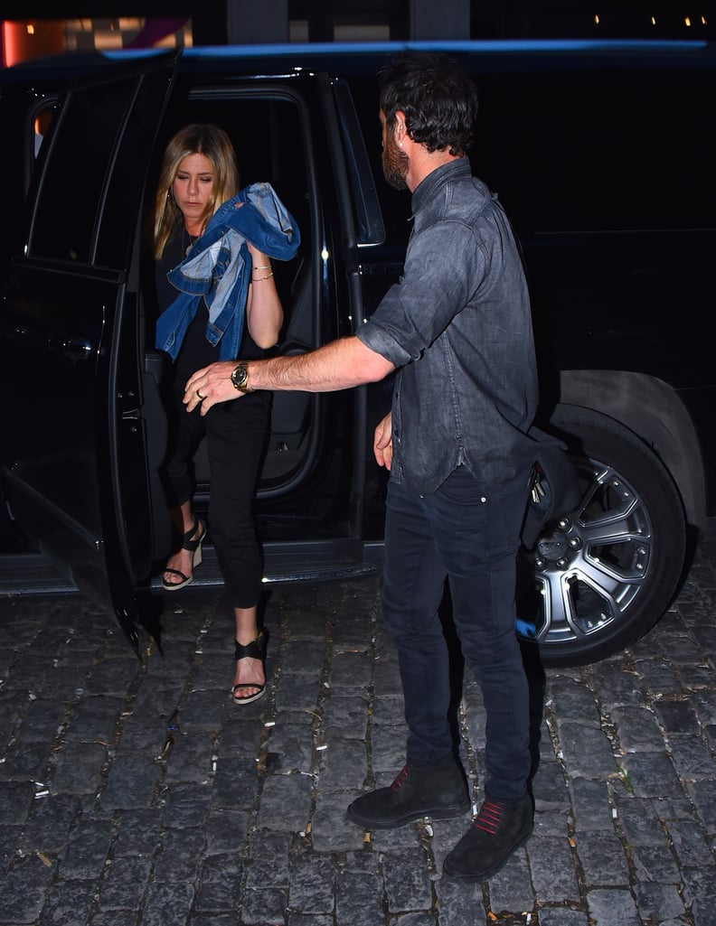 Stepping Out of the Car in an All-Black Look, Jen Made Sure Not to Forget Her Denim Jacket