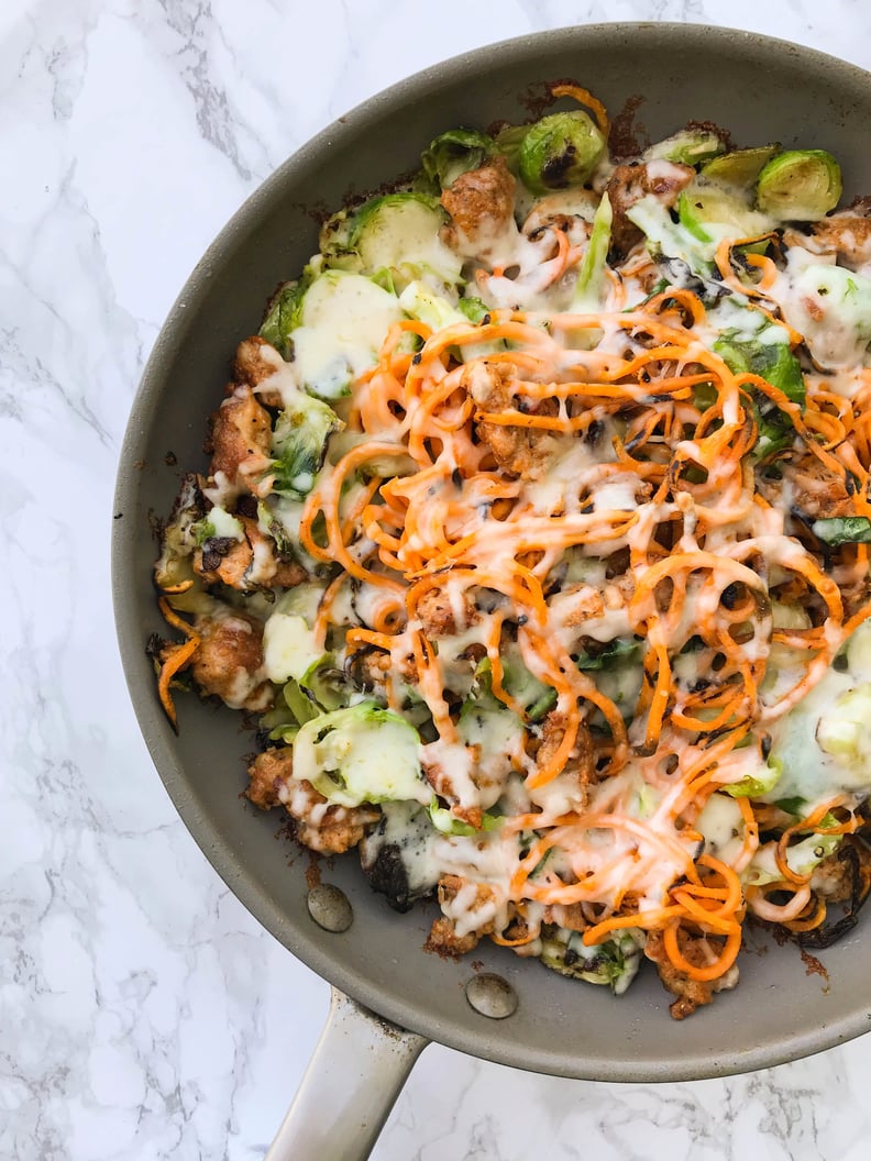 Chicken Sausage, Brussels Sprouts, and Spiralized Sweet Potato Skillet