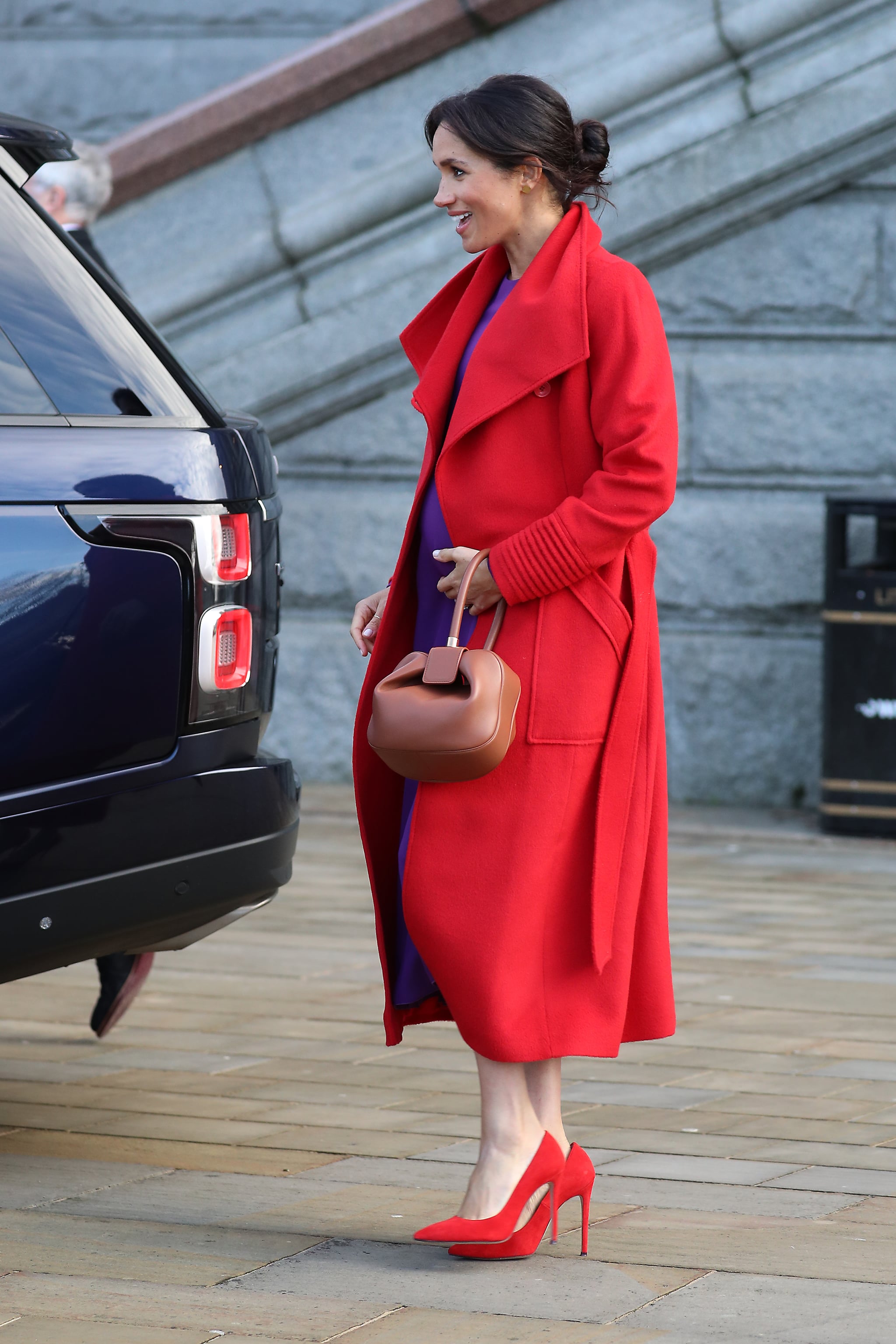 Meghan markle red coat purple dress cheap
