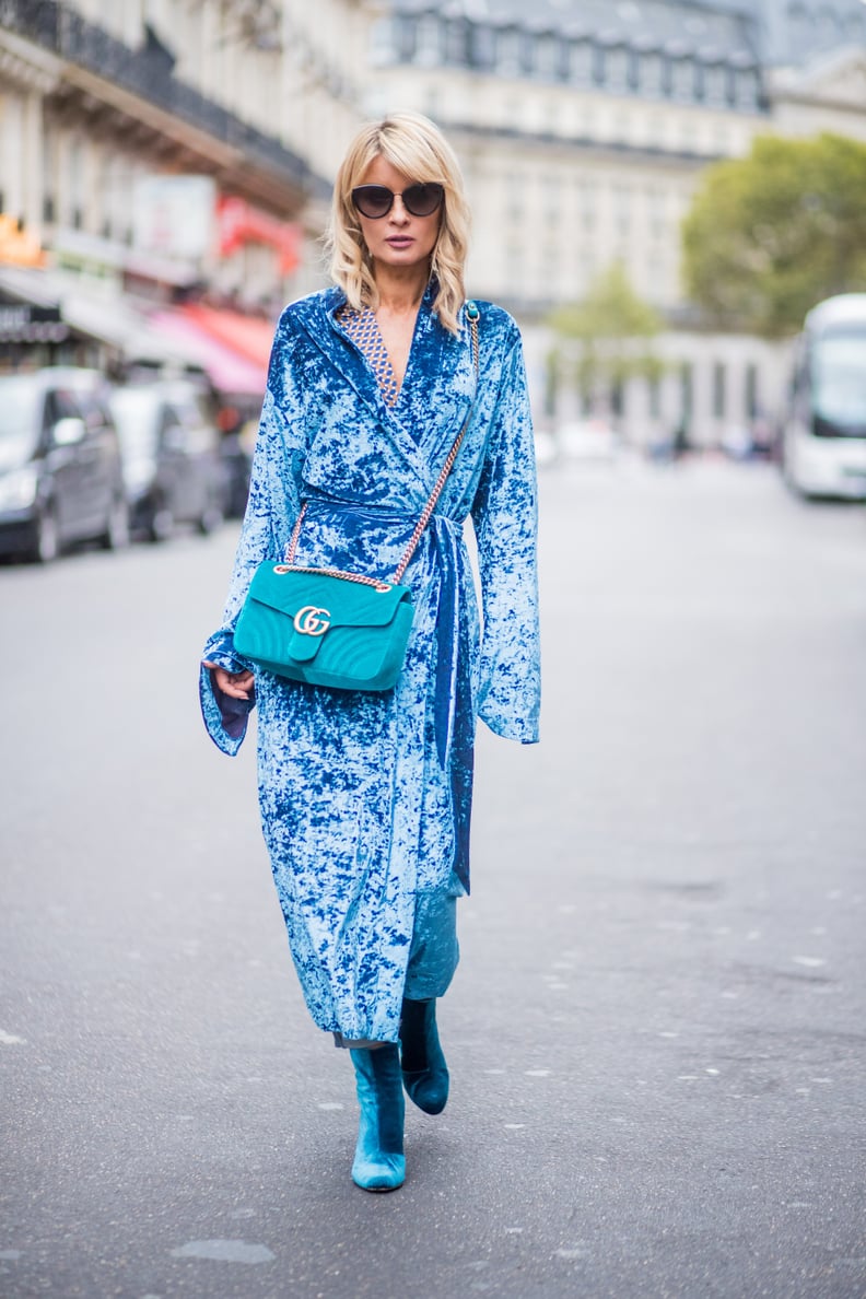 Go For a Full Velvet Look With a Blue Coat and Matching Ankle Boots