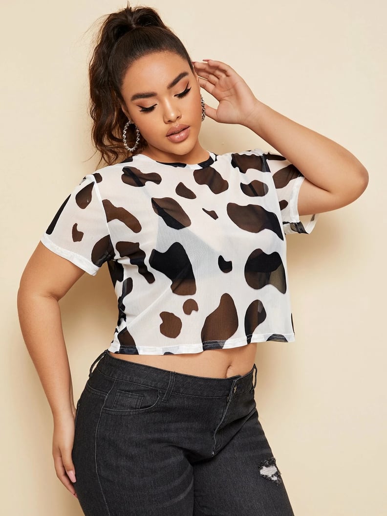 Shein Plus Cow Print Sheer Mesh Top