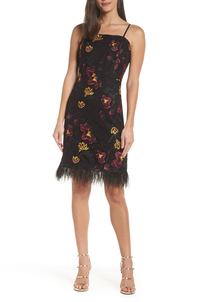 Sam Edelman Feather Trim Embroidered Mesh Sheath Dress