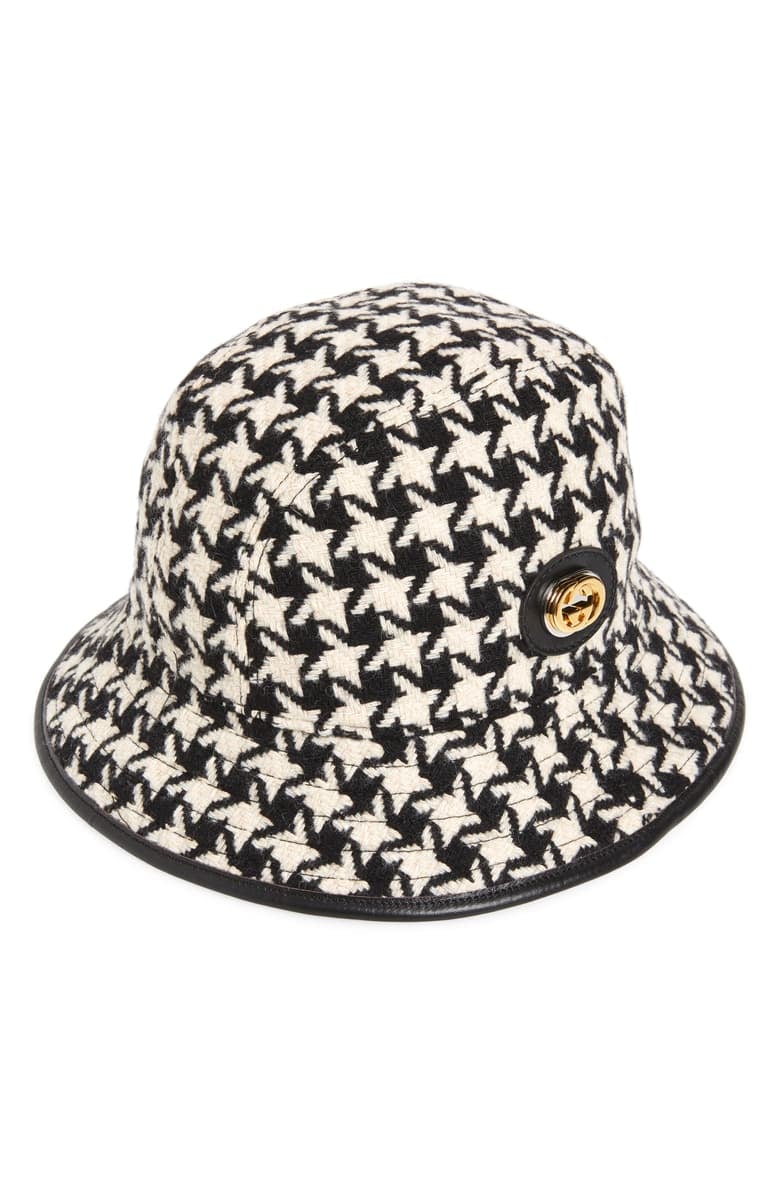 Gucci Houndstooth Wool Blend Tweed Bucket Hat