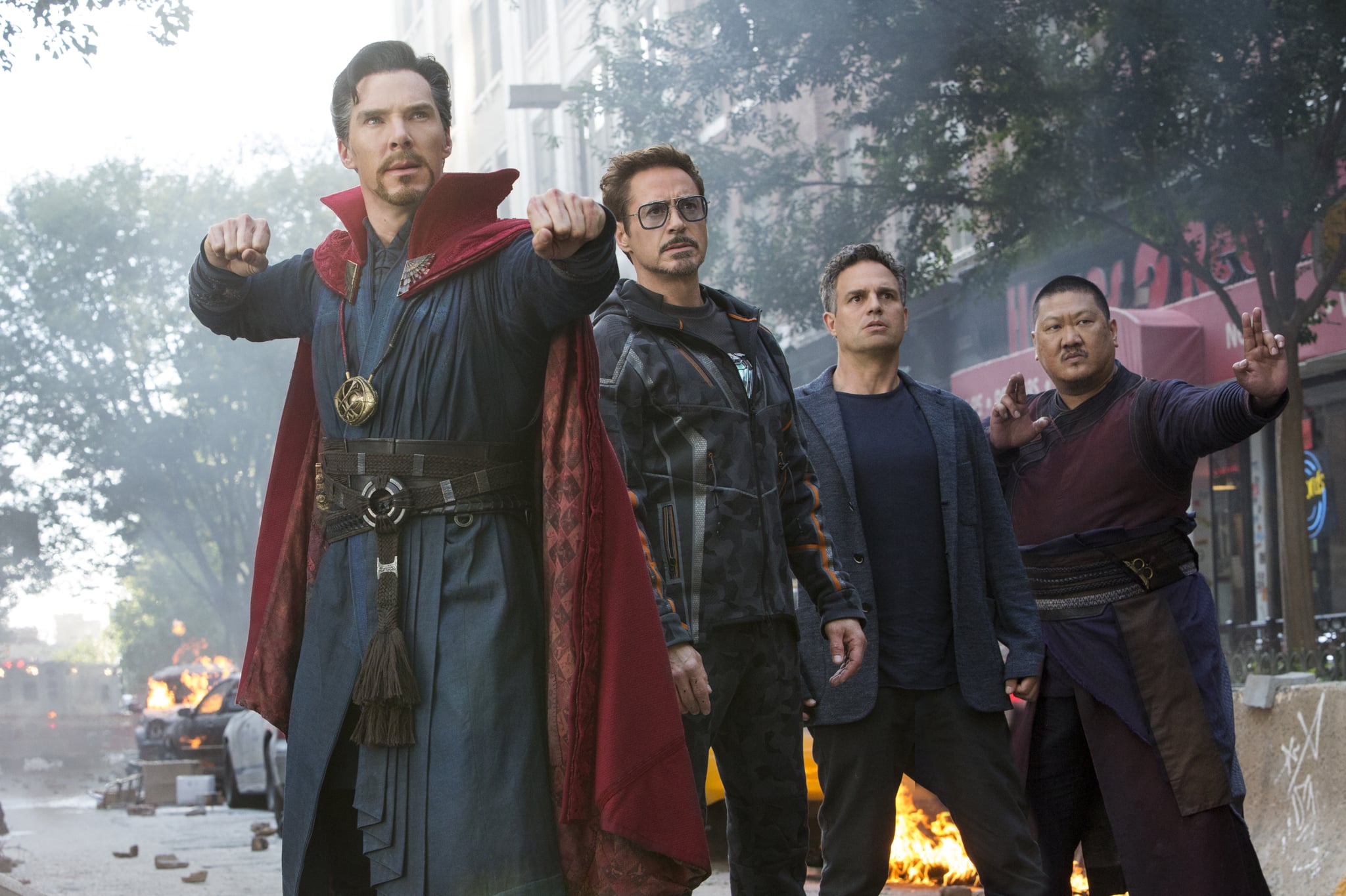 Marvel Studios' AVENGERS: INFINITY WAR..L to R: Doctor Strange/Stephen Strange (Benedict Cumberbatch), Iron Man/Tony Stark (Robert Downey Jr.), Bruce Banner/Hulk (Mark Ruffalo) and Wong (Benedict Wong)..Photo: Chuck Zlotnick..©Marvel Studios 2018