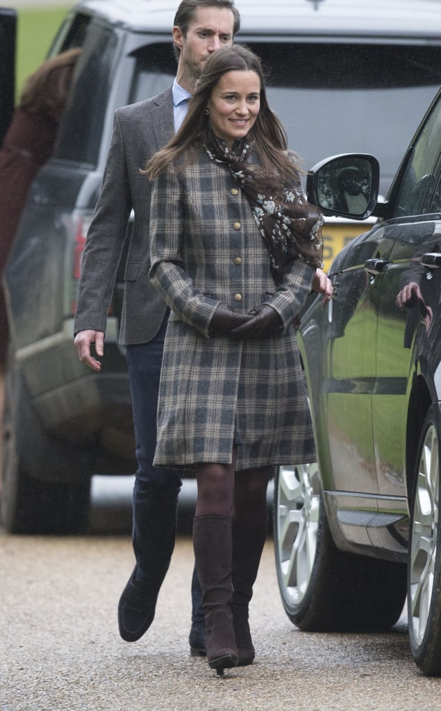Pippa Middleton also attended the church service on Christmas Day in 2016, opting for a plaid coat, a floral scarf, and brown knee-high boots.