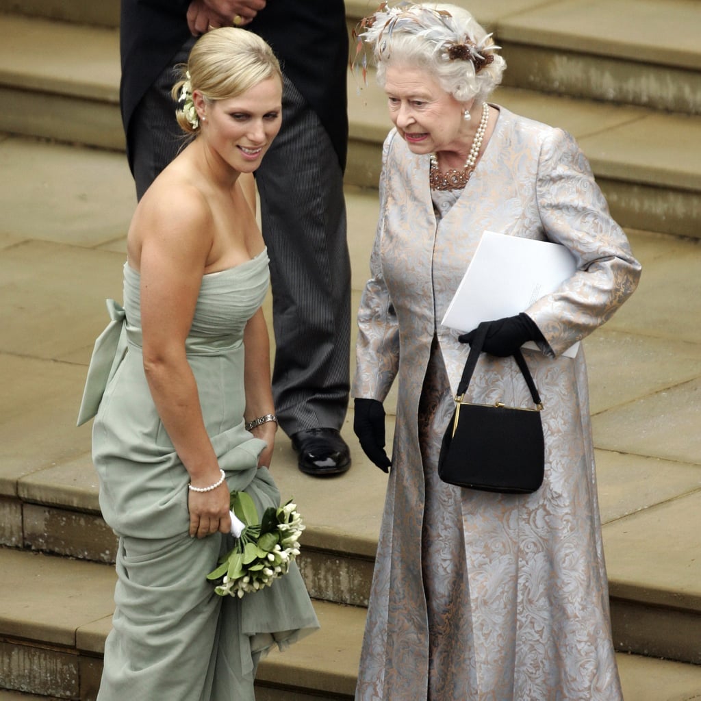 Zara chatted with her grandmother after the wedding of her brother, Peter Phillips, to Canadian Autumn Kelly. Check out the queen's fascinator!
