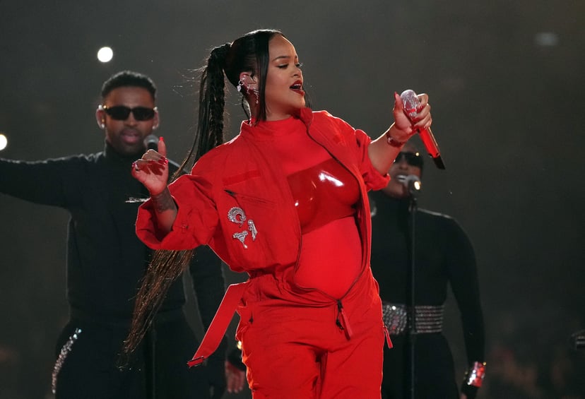 GLENDALE, ARIZONA - FEBRUARY 12:  Rihanna performs during Apple Music Super Bowl LVII Halftime Show at State Farm Stadium on February 12, 2023 in Glendale, Arizona. (Photo by Kevin Mazur/Getty Images for Roc Nation)
