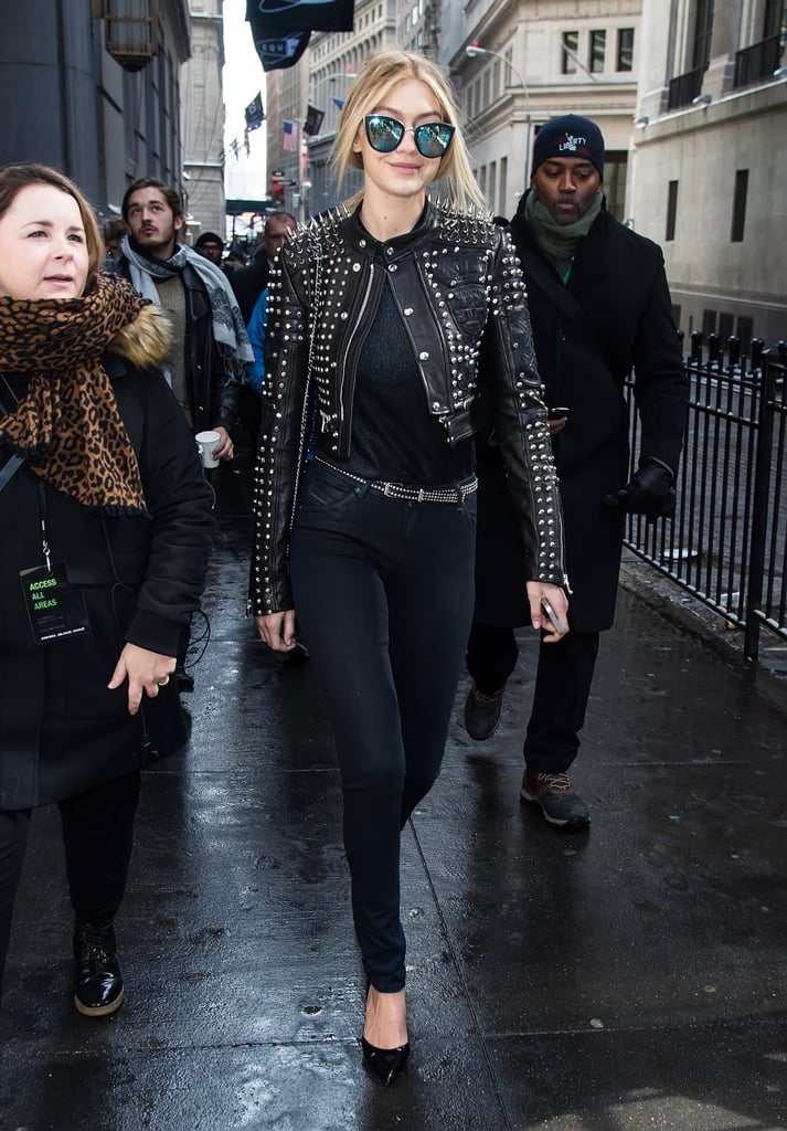 It was all studs and smiles for Gigi while hanging in NYC.