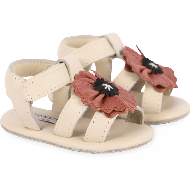 DONSJE Poppy Flower Velcro Strap Leather Sandals in Off-White and Red