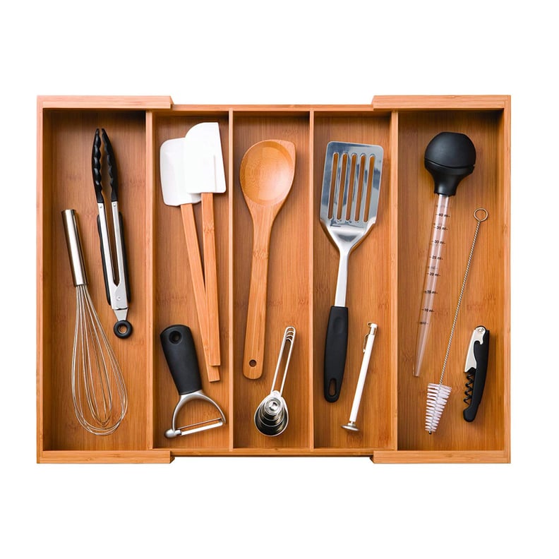 Bamboo Compartment Adjustable Cutlery-Drawer Tray Organizer