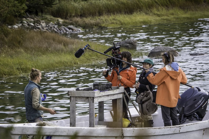 DEER ISLE, ME 9/3/17 10:30:37 AM The crew films Abby Barrows on her boat at Long Cove Sea Farm, her oyster farm in Deer Isle, Maine, on Sunday, September 3, 2017.  Photo by Sarah Rice