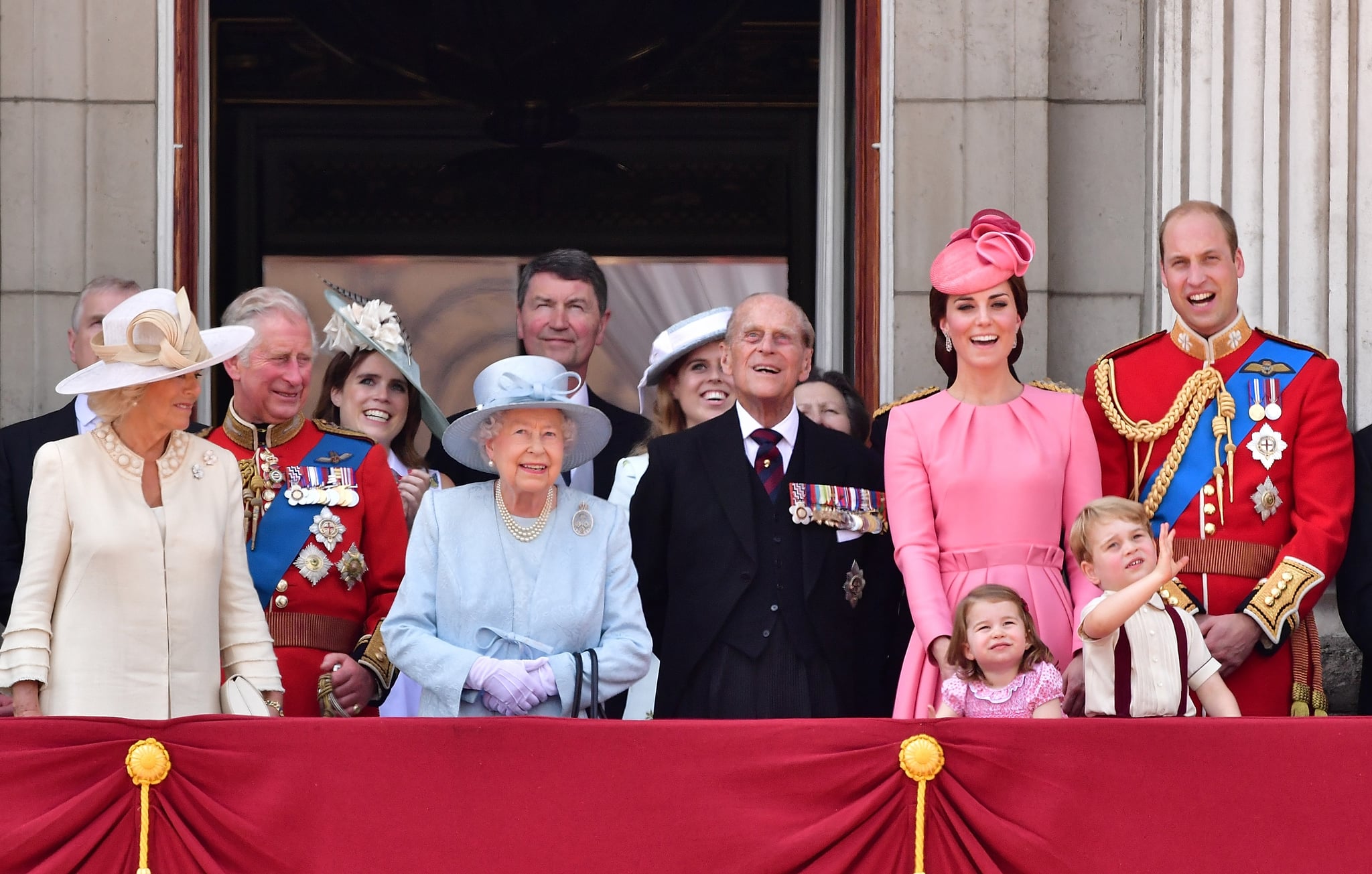 LONDON, ENGLAND - JUNE 17:  Camilla, Duchess of Cornwall, Prince Charles, Prince of Wales, Princess Eugenie of York, Queen Elizabeth II, Vice Admiral Timothy Laurence, Princess Beatrice of York, Prince Philip, Duke of Edinburgh, Catherine, Duchess of Cambridge, Prince William, Duke of Cambridge, Princess Charlotte of Cambridge and Prince George of Cambridge stand on the balcony of Buckingham Palace during the Trooping the Colour parade on June 17, 2017 in London, England.  (Photo by James Devaney/WireImage)