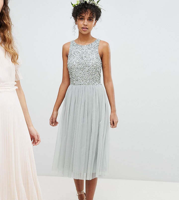 Maya Sleeveless Sequin Bodice Tulle Detail Midi Bridesmaid Dress With Cutout Back