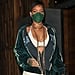 Rihanna Wearing a Green Velour Telfar Jacket and Miniskirt