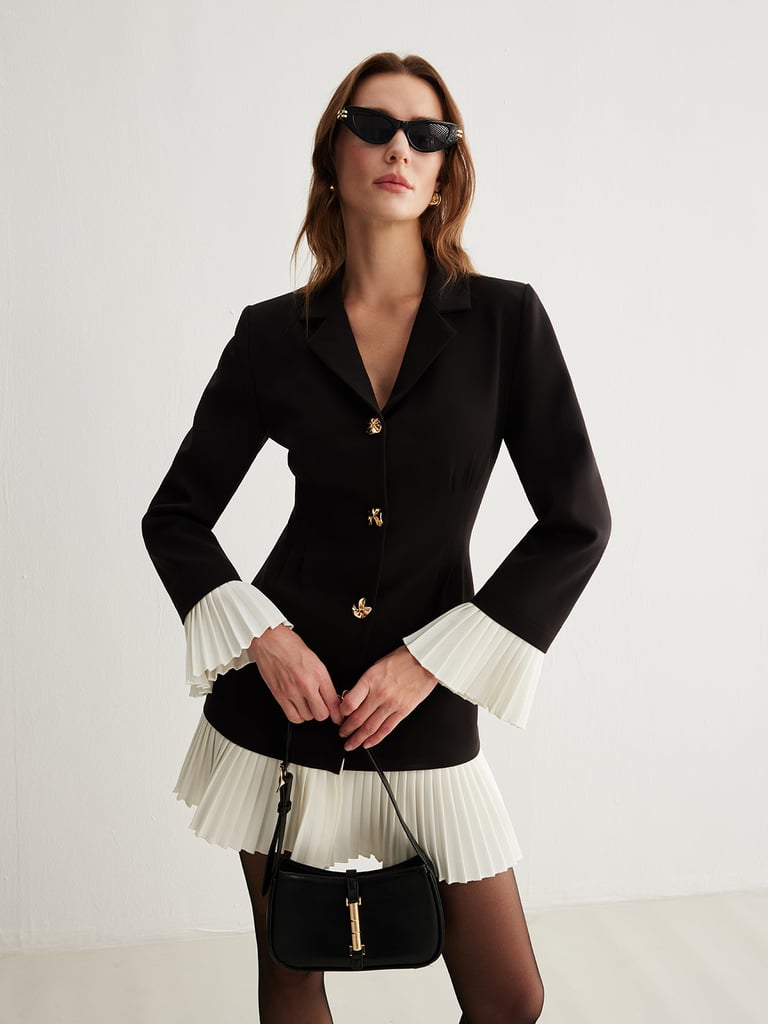 Commense V-Neck Two-Tone Pleated Button Dress