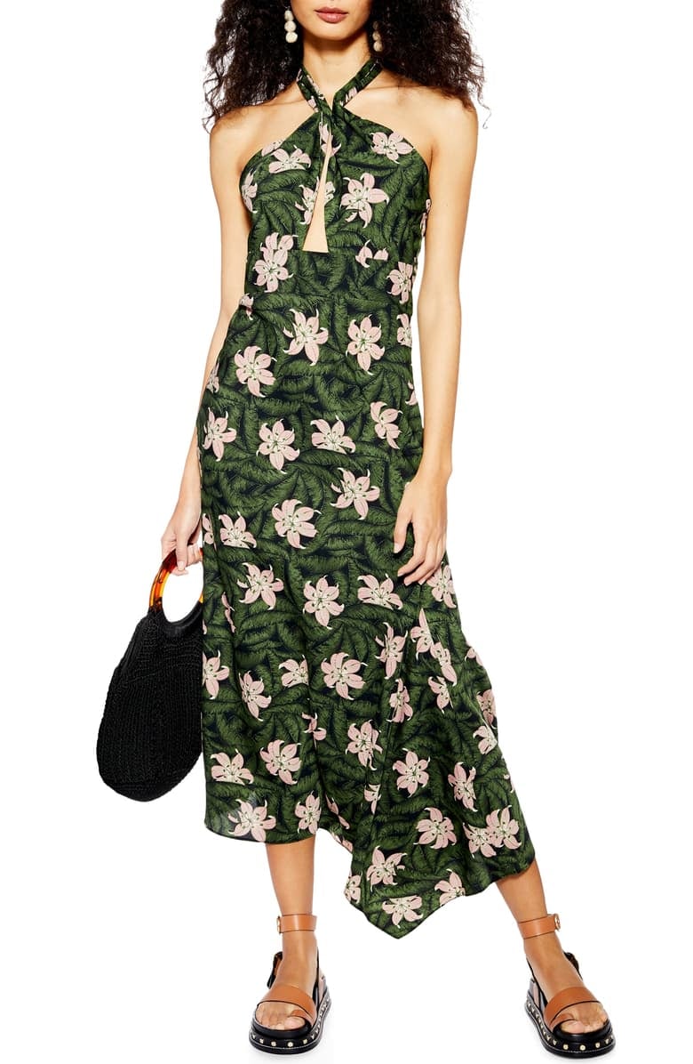 Topshop Hibiscus Halter Midi Dress