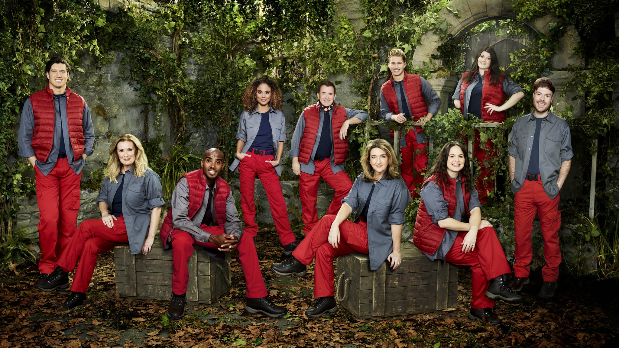 IMAGE MUST BE CREDITED TO ITV. Undated handout photo issued by ITV of (left to right) Vernon Kay, Beverley Callard, Sir Mo Farah CBE, Jessica Plummer, Shane Richie, Victoria Derbyshire, AJ Pritchard, Giovanna Fletcher, Hollie Arnold MBE and Jordan North, stars featuring in the new series of I'm A Celebrity??? Get Me Out Of Here! Issue date: Sunday November 8, 2020. The new series, hosted by Ant and Dec, will take place at Gwrych Castle in Wales rather than the usual location in the Australian jungle due to coronavirus restrictions. See PA story SHOWBIZ Celebrity. Photo credit should read: ITV/PA Wire NOTE TO EDITORS: This handout photo may only be used in for editorial reporting purposes for the contemporaneous illustration of events, things or the people in the image or facts mentioned in the caption. Reuse of the picture may require further permission from the copyright holder.