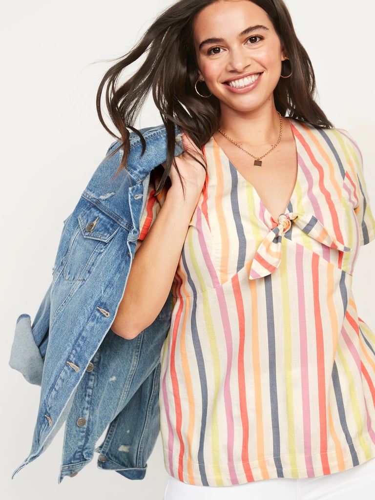 Old Navy Short-Sleeve Smocked Knotted Striped Blouse