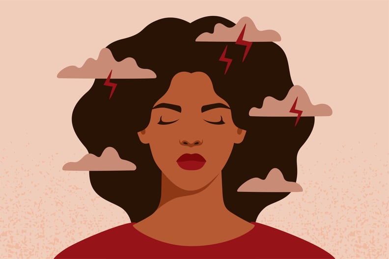 African American woman feels anxiety and emotional stress. Depressed black girl experiences mental health issues. Concept of psychological problem. Vector illustration.