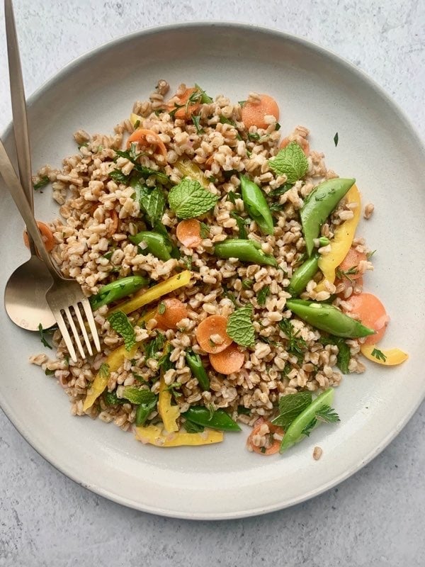 Farro Salad With Maple Syrup Vinaigrette, Carrots, Snap Peas, Sweet Peppers, and Mint