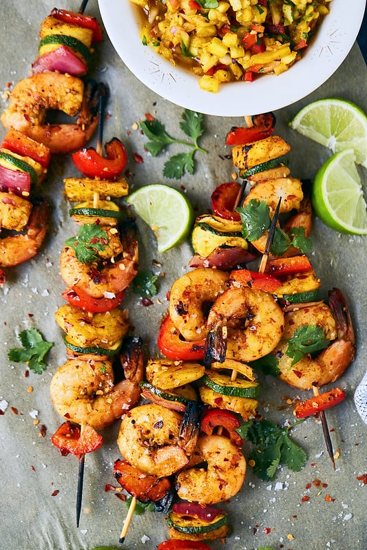 Grilled Spicy Shrimp and Veggie Skewers With Pineapple Turmeric Salsa