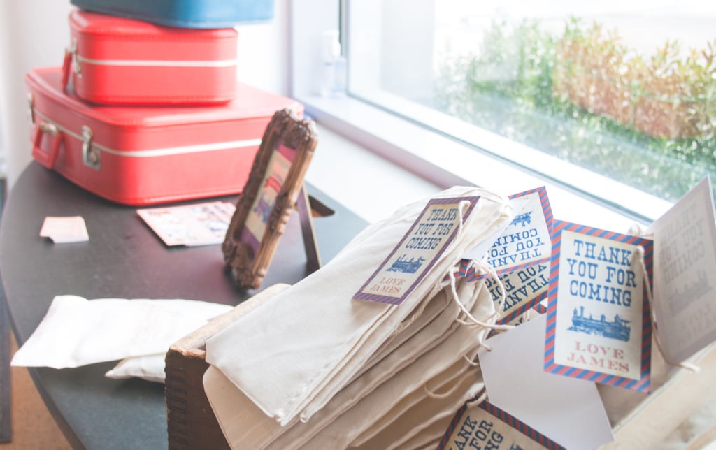 Vintage suitcases were displayed alongside the party favors in keeping with the transportation theme.
Source:  Clay Williams and Alex Nirenberg for Keren Precel Events