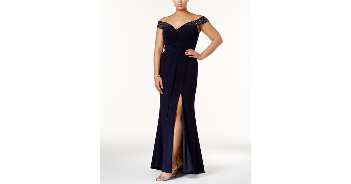 xscape embellished off the shoulder gown