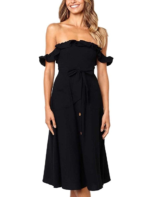 BEEY Ruffle Off-the-Shoulder Button-Down Midi Dress