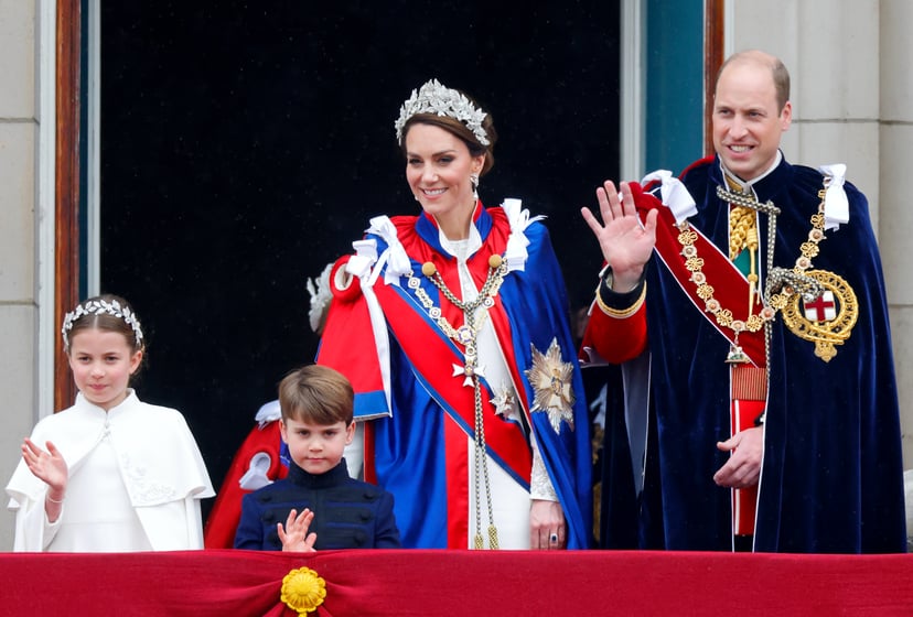 LONDON, UNITED KINGDOM - MAY 06: (EMBARGOED FOR PUBLICATION IN UK NEWSPAPERS UNTIL 24 HOURS AFTER CREATE DATE AND TIME) Princess Charlotte of Wales, Prince Louis of Wales, Catherine, Princess of Wales (wearing the Mantle of the Royal Victorian Order) and 