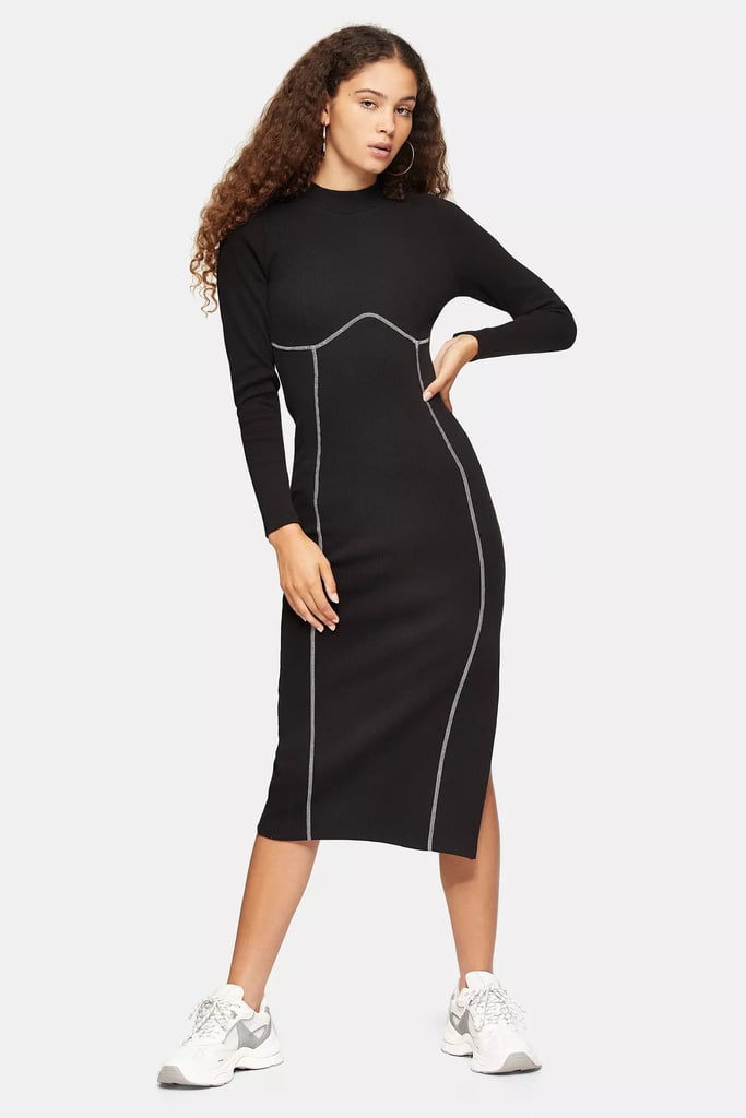 Black Ribbed Long Sleeve Flatlock Midi Dress