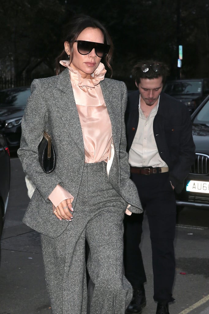 Victoria Beckham Gray Suit With Brooklyn Beckham Girlfriend