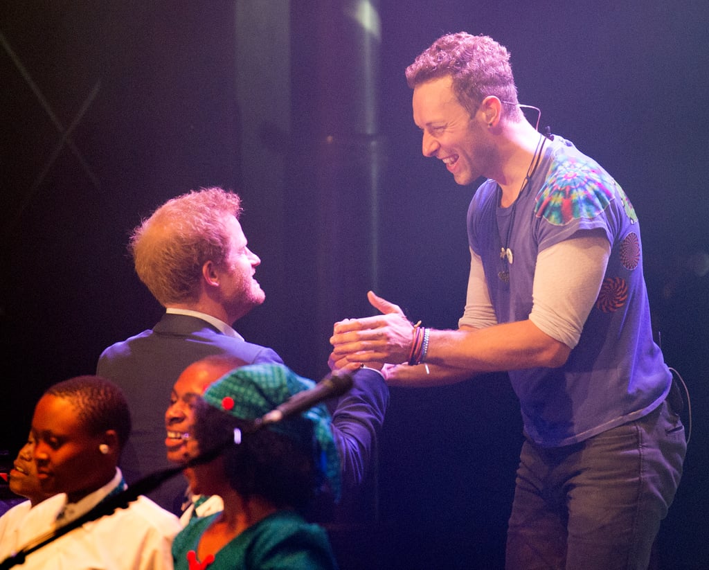 Prince Harry greeted Chris Martin at a June charity concert in London.