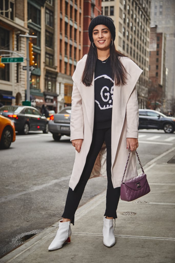 On Assistant Editor Nikita Ramsinghani: Club Monaco Coat, Gucci sweater, Frame jeans, and Chanel bag.