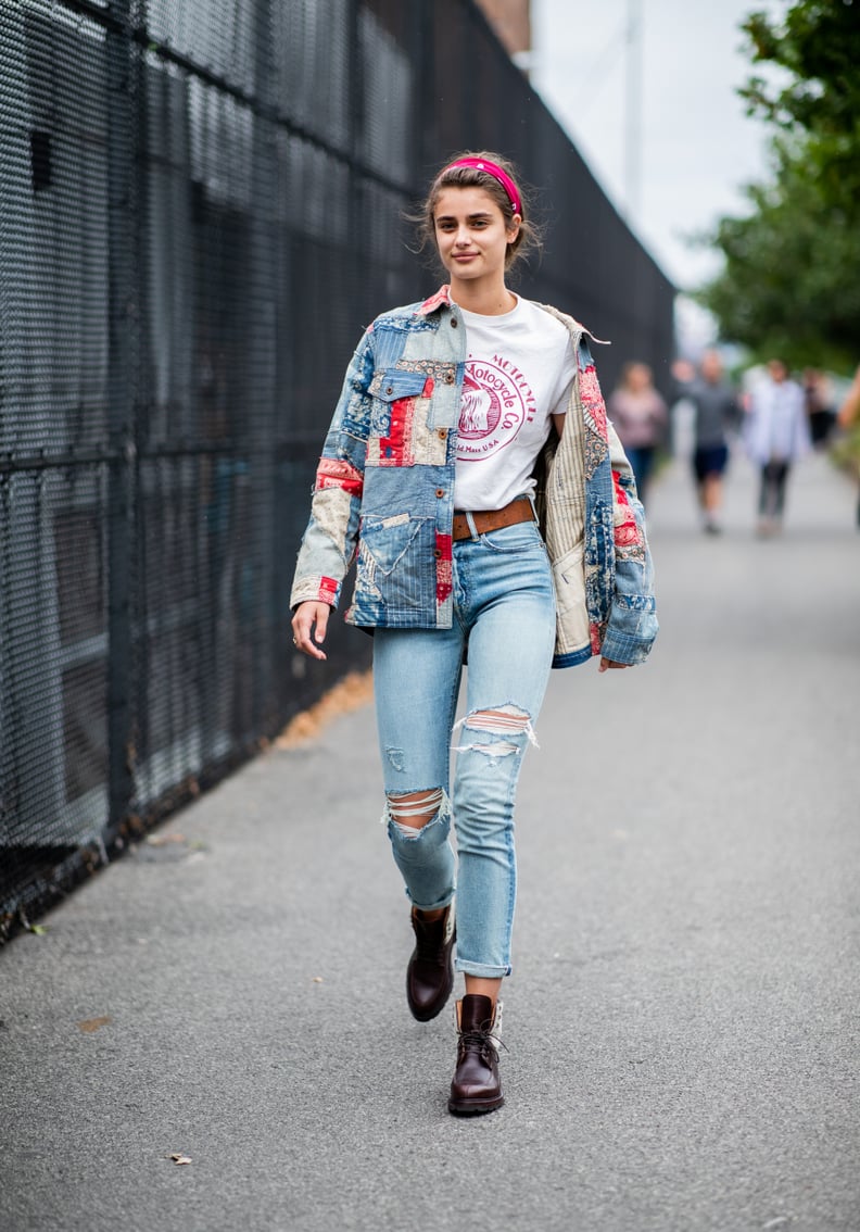 Taylor Hill Left the Brandon Maxwell Show in Ripped Jeans and a Patchwork Jacket