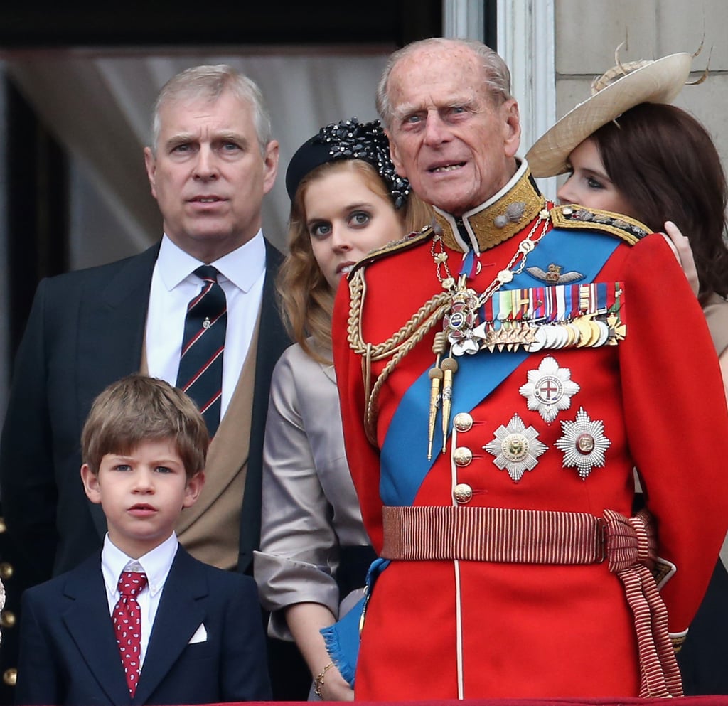 Beatrice was spotted peeking out from behind her grandfather as he watched the Trooping the Colour with James, Viscount Severn, in June 2015.