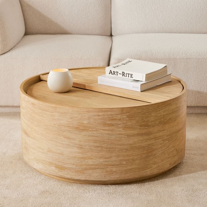 A Storage Round Coffee Table: Volume Cool Walnut Round Storage Coffee Table