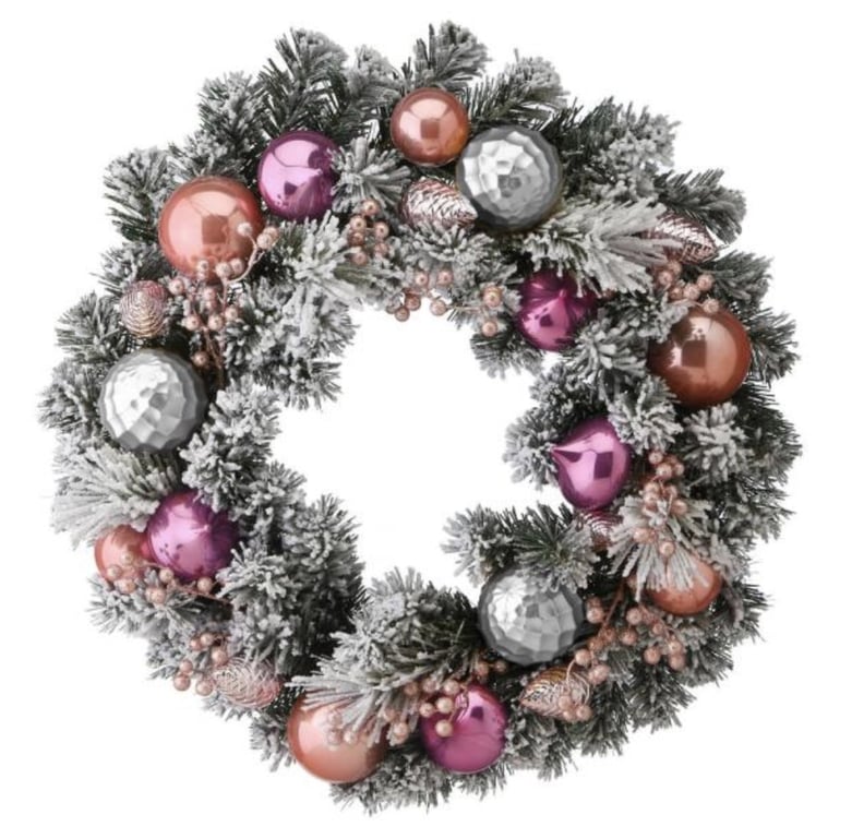 Artificial Christmas Wreath with Flocked and Shatterproof Pink and Silver Ornaments