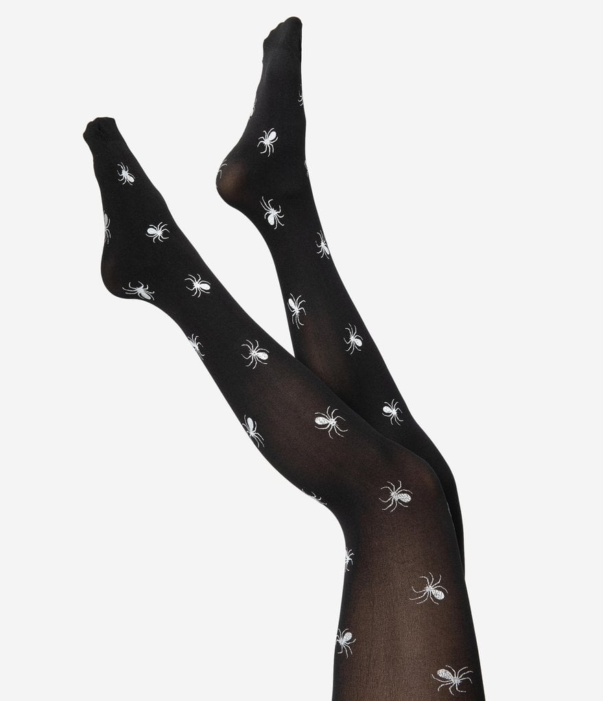 Black and White Creepy Crawly Spider Print Nylon Tights