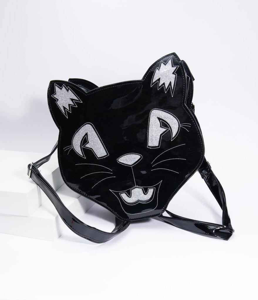 Black Patent Leatherette and Silver Sparkle Midnight Cat Tote