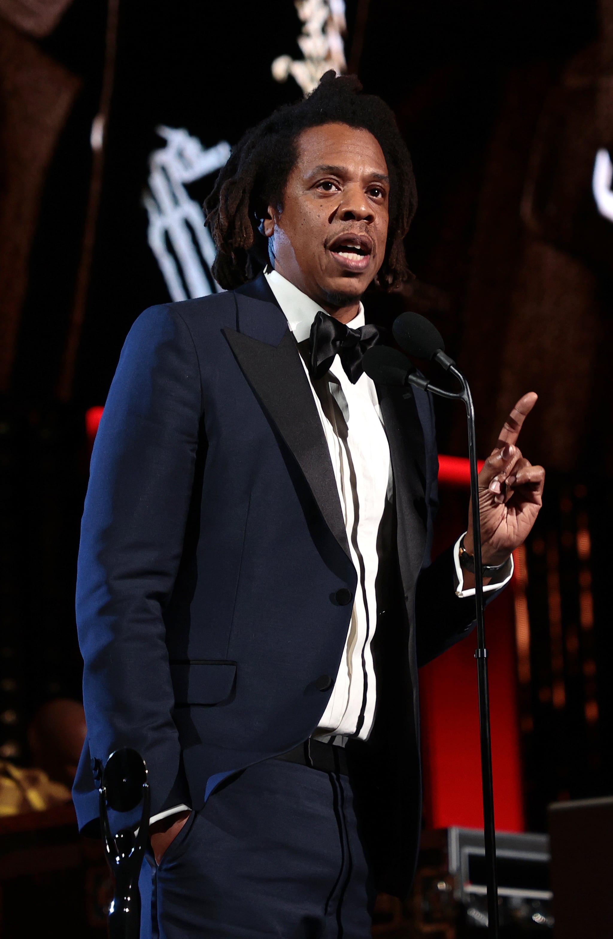CLEVELAND, OHIO - OCTOBER 30:  Jay Z is inducted onstage during the 36th Annual Rock & Roll Hall Of Fame Induction Ceremony at Rocket Mortgage Fieldhouse on October 30, 2021 in Cleveland, Ohio.  (Photo by Dimitrios Kambouris/Getty Images for The Rock and Roll Hall of Fame )