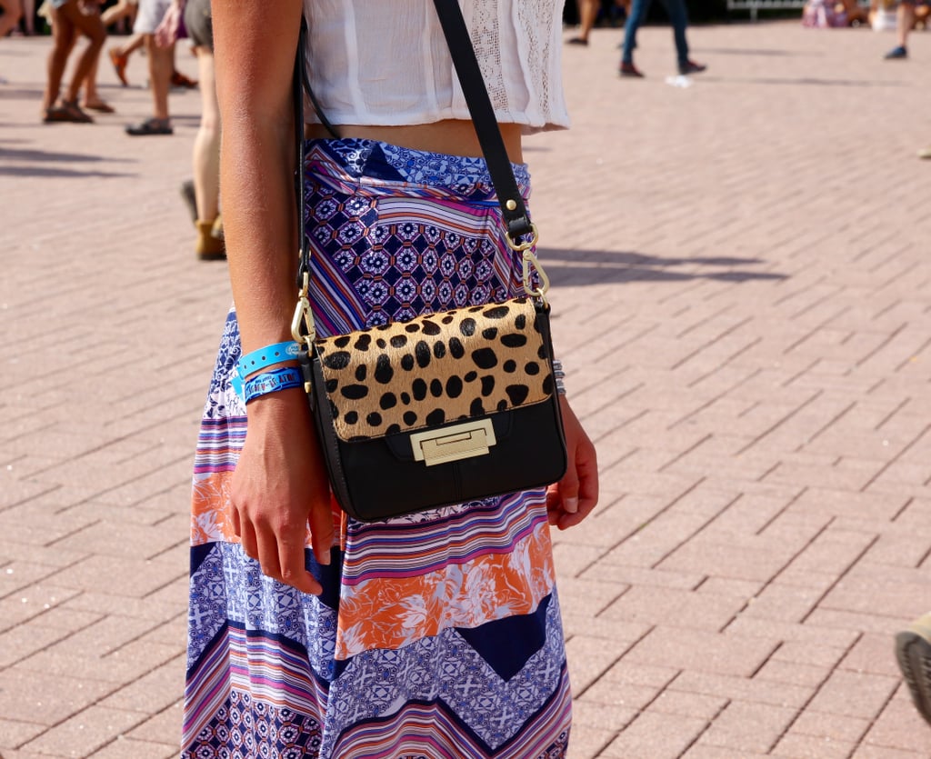 Amid all the matching sets, a little print-mixing was a refreshing change of pace. This leopard-print Madewell bag worked wonderfully with her patchwork skirt.