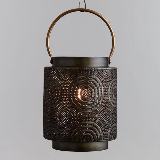 Dark Zinc Pierced Metal Cylinder Solar LED Lantern