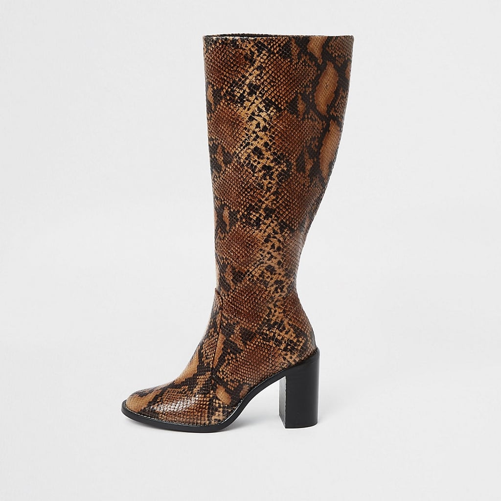 River Island Brown Leather Snake Print Knee High Boots