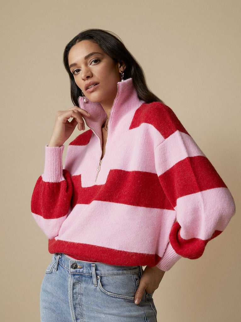 Kitri Lorna Pink Striped Alpaca Blend Zip Collar Sweater