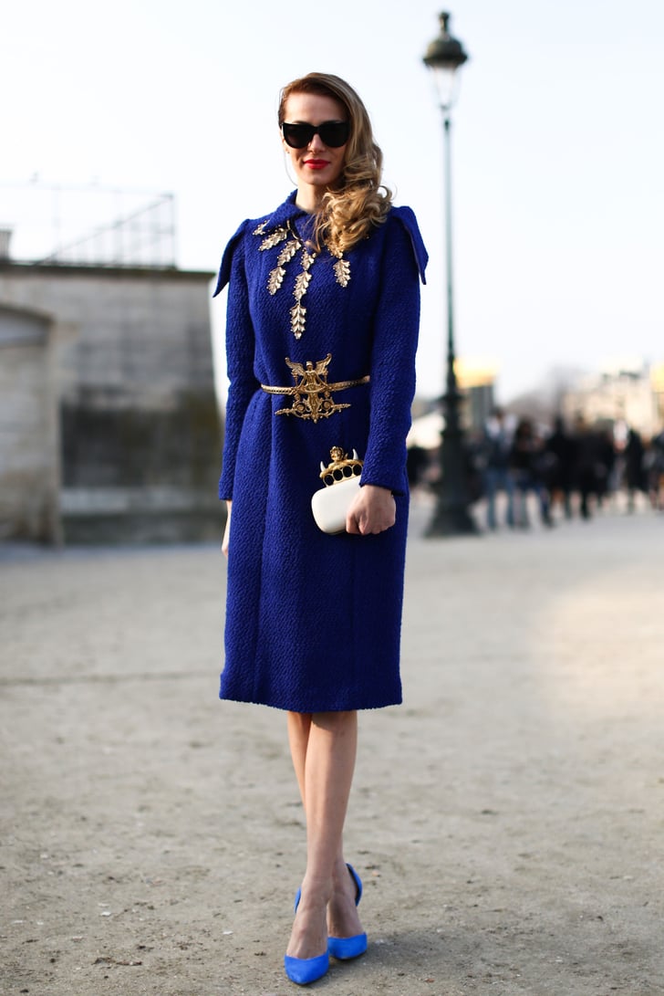 Opulent detailing on a royal blue coat gave this look a regal feel
