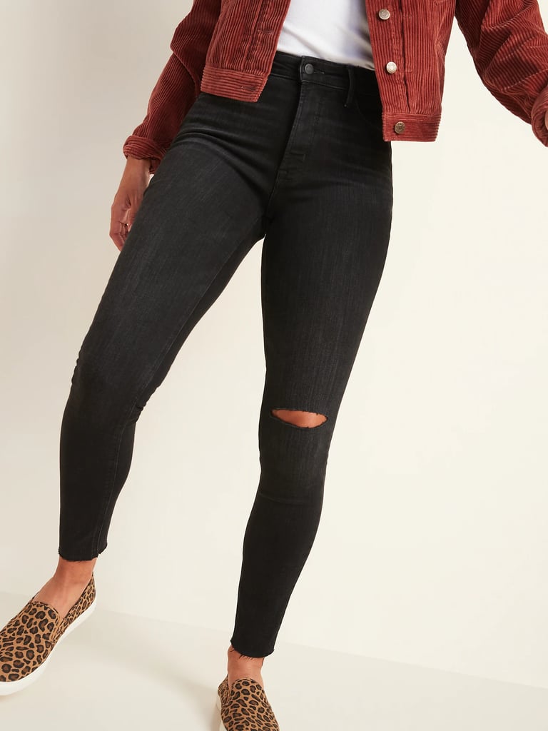 Classic and Essential Pants: High-Waisted Rockstar Super Skinny Black Distressed Ankle Jeans