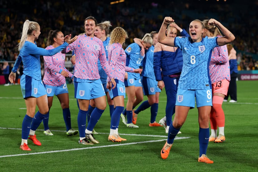 SYDNEY, AUSTRALIA - AUGUST 16: Georgia Stanway and England players celebrate after the team's 3-1 victory and advance to the final following the FIFA Women's World Cup Australia & New Zealand 2023 Semi Final match between Australia and England at Stadium 